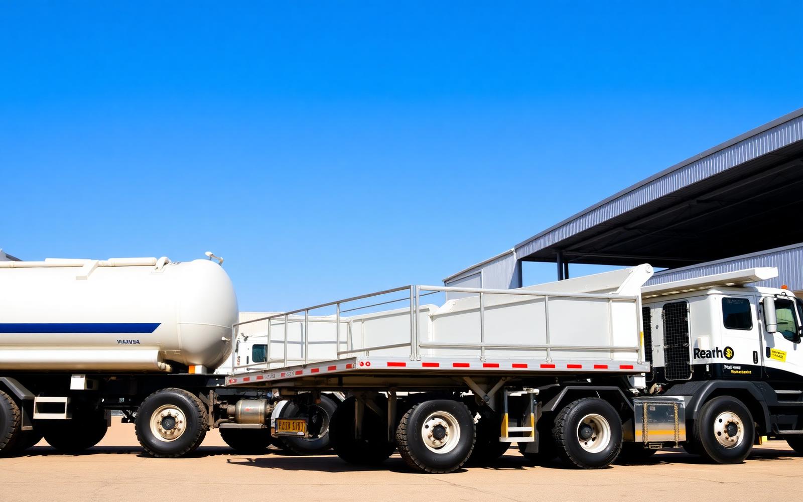 Tanker and flatbed trailer parked at Qumar Barka yard
